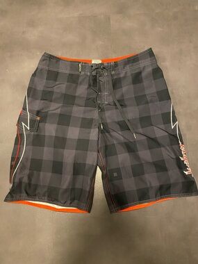 Billabong Men's Black Plaid Boardshorts with Red Trim